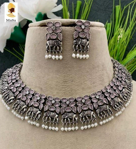 Sangini,Pastel pink stones studded elegant Oxidised Silver Finish Necklace set for women -SANDY001PP