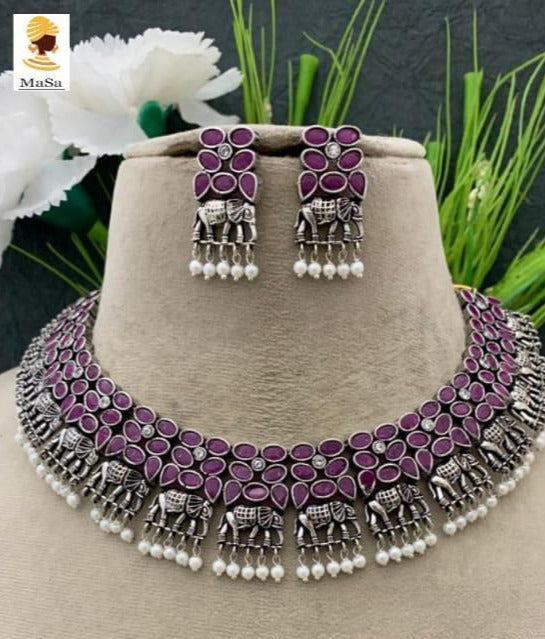 Sangini, elegant Oxidised Silver Finish Necklace set for women -SANDY001P