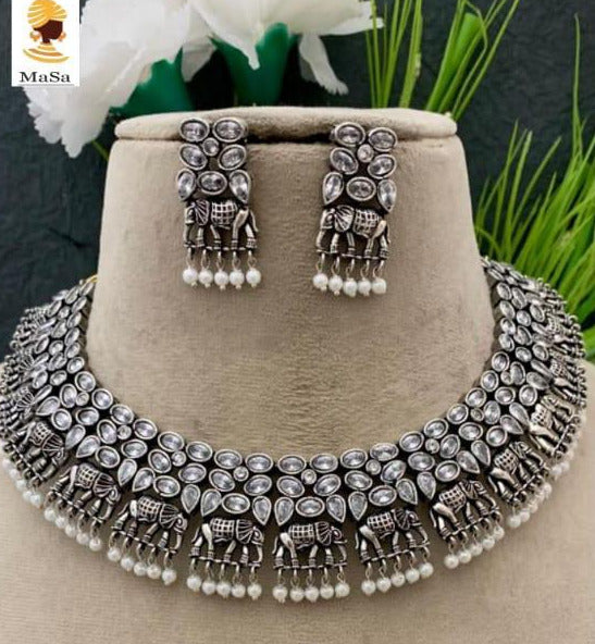 Sangini, White  stones studded elegant Oxidised Silver Finish Necklace set for women -SANDY001W