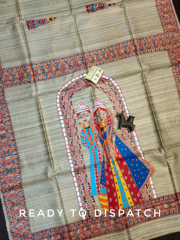Traditional Madhubani Hand painted Tussar Gicha Silk Saree -LORD001TG