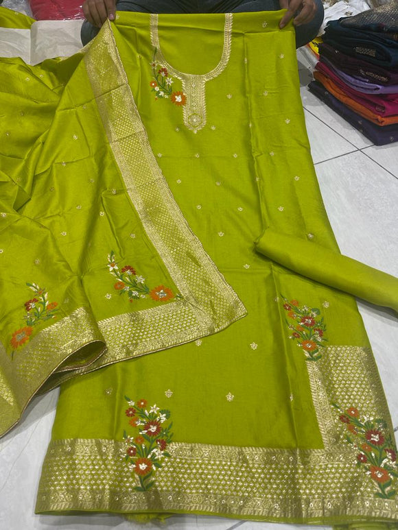 Parrot Green shade DPS Special Dola Suit ,Tabby silk salwar and Dola Silk Duppatta material  for women -FASH001SSPG