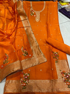 Orange shade DPS Special Dola Suit ,Tabby silk salwar and Dola Silk Duppatta material  for women -FASH001SSPO