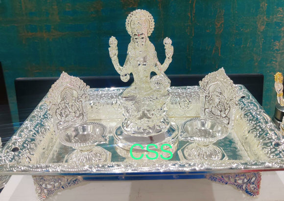 Sree Maha Lakshmi , elegant German silver Tray with Goddess Lakshmi idol and Diyas-CZY001LCA
