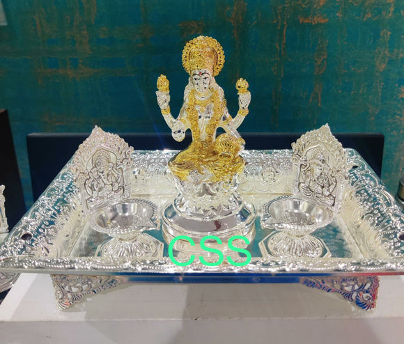 Sree Maha Lakshmi , elegant German silver Tray with Goddess Lakshmi idol and Diyas-CZY001LC