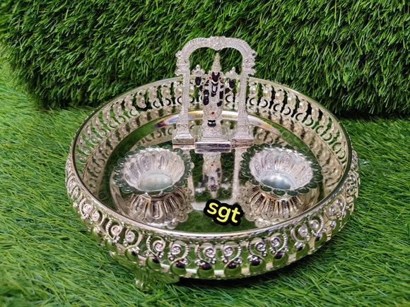 German silver washable tray with pure silver coated Balaji idol with antique Kum Kum bowls-SREE001BC