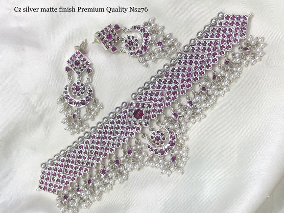 Madhubala, elegant CZ Silver finish premium quality necklace set /Choker for women -SAYD001SNA
