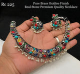 Navratan Beauty, Pure Brass Oxidised Silver finish Real stone Premium Quality Necklace Set-SAYD001BN