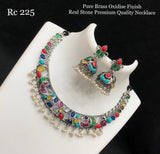 Navratan Beauty, Pure Brass Oxidised Silver finish Real stone Premium Quality Necklace Set-SAYD001BN