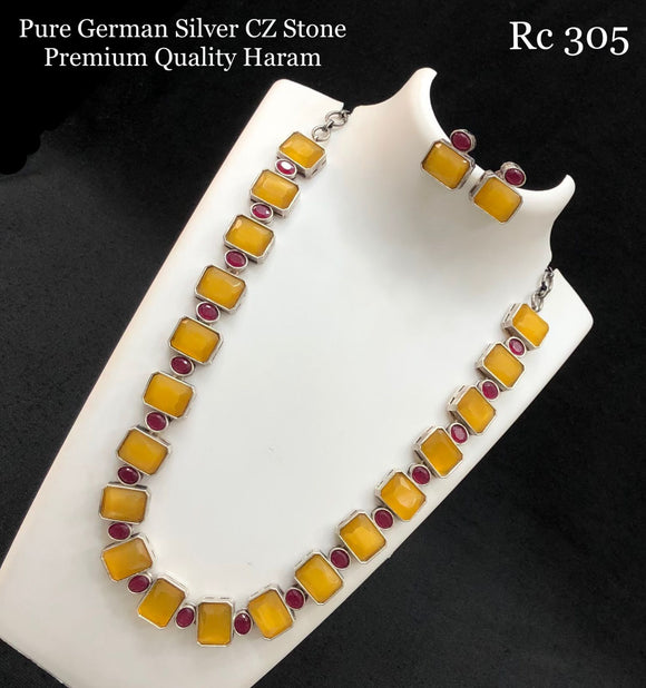 Raveena , Pure German Silver Premium Quality Monalisa Stone Studded Necklace Set -SAYD001MLYP