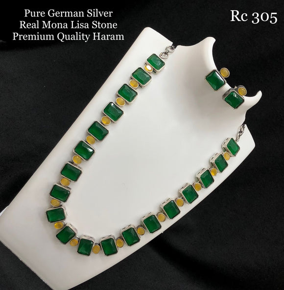 Shivani , Pure German Silver Premium Quality Monalisa Stone Studded Necklace Set -SAYD001MLYG