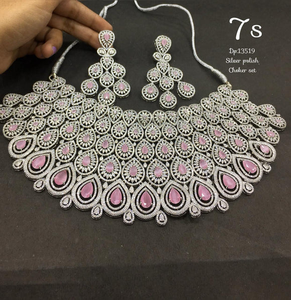 Madeena Pink , Elegant Silver Finish  Heavy Choker Necklace Set for Women -LR001CNSMP
