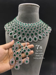 Hansika Green ,Jade  Green Stone studded  Elegant Silver Finish  Heavy Choker Necklace Set for Women -LR001HCJ