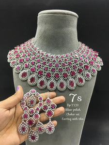 Hansika , Pink Stone studded  Elegant Silver Finish  Heavy Choker Necklace Set for Women -LR001HCP