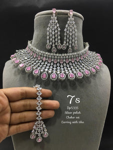 Pink Shahana, elegant Pastel Pink and white stone studded Necklace Set with Maangtikka for Women-LR001PP