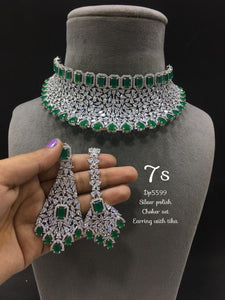 Wahada, elegant Green  and white stone studded Necklace Set with Maangtikka for Women-LR001GR
