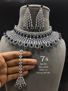 Shahana, elegant Saphire Blue and white stone studded Necklace Set with Maangtikka for Women-LR001SB