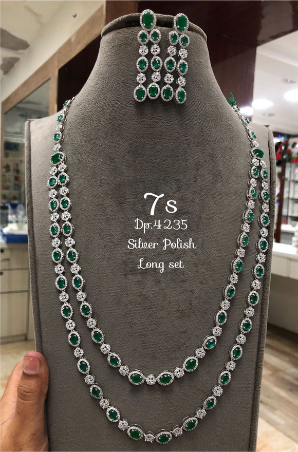 Magen Green, elegant Platinum Finish Long Necklace Set for Women-LR001LNSPAGR