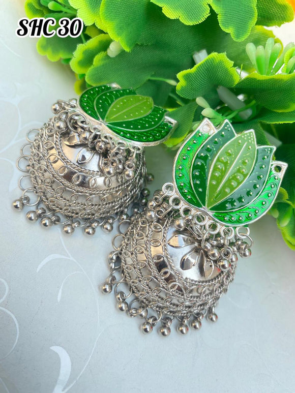 Green Shade Lotus Designer Silver Finish Jumka for Women -MOE001GJ