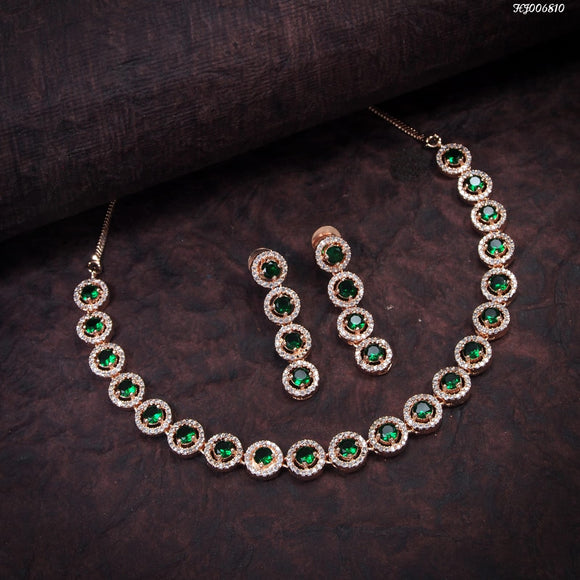 Green Yosha ,Rose Gold  Finish Elegant American Diamond Necklace Set for Women -YOSH001NSRGG