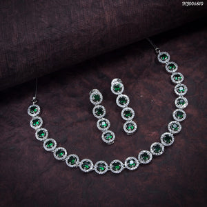 Green Yosha ,Silver  Finish Elegant American Diamond Necklace Set for Women -YOSH001NSGR