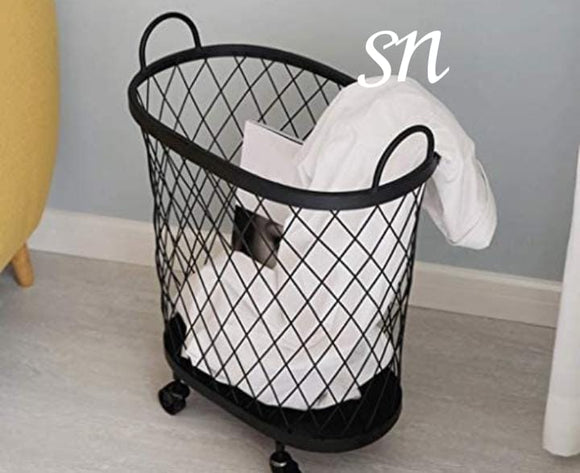 SN ,Rolling Laundry Hamper - Wrought Iron Toy Storage Box Kitchen Bathroom Storage Basket with wheel-PANI001LBBL