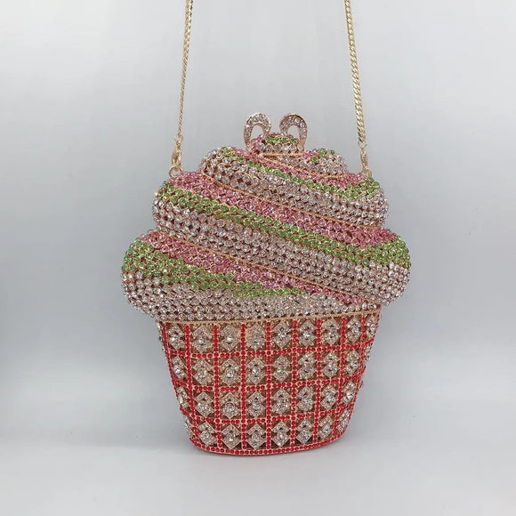 Cup cake Love ,Cupcake  Design elegant Diamond studded Clutch Bag with Golden Sling for Women -PANI001DCC