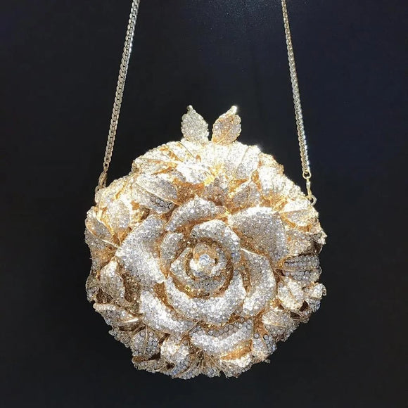 Rosa Diamond , Rose  Design elegant Diamond studded Clutch Bag with Golden Sling for Women -PANI001DCR