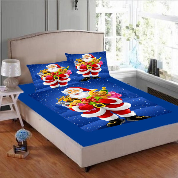 Christmas  Special ,Santa  Design Blue  Velvet Queen Size Bed sheet Set -TEX001CBB