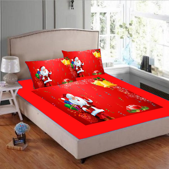 My Santa , Christmas  Special Santa  Design Red  Velvet Queen Size Bed sheet Set -TEX001CBD