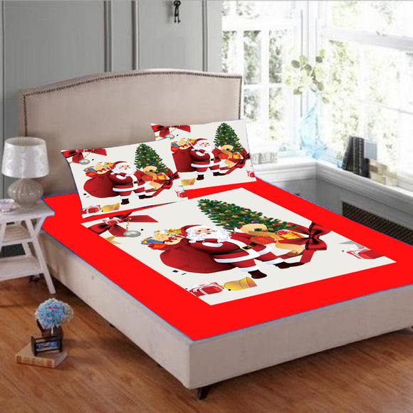 Santa's Gift , Christmas  Special Santa  Design  Velvet Queen Size Bed sheet Set -TEX001CBC