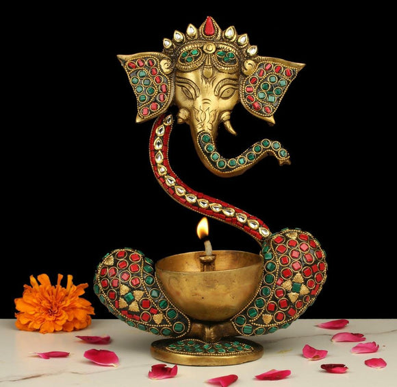 Elegant Ganesha Oil Lamp with beautiful stone work -MK001GS