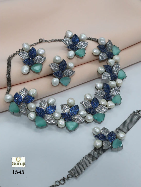 Pastel Green and Blue Stones Necklace Set with Baroque pearls-SANDY001BPPGB
