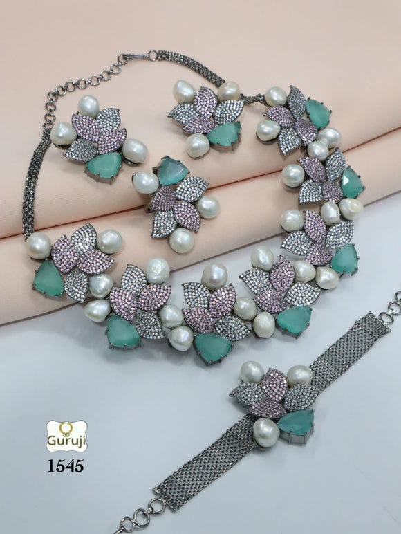 Pastel Green Stones Necklace Set with Baroque pearls-SANDY001BPPG