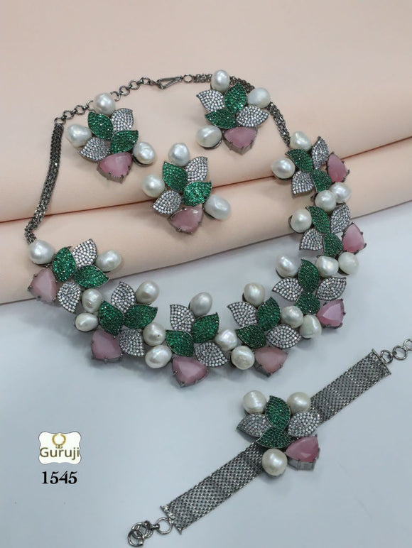Pastel Pink Green Stones Combination Necklace Set with Baroque pearls-SANDY001BPGP