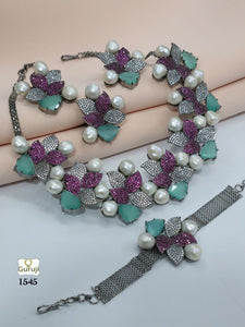 Pastel Green and Purple  Stones Necklace Set with Baroque pearls-SANDY001A