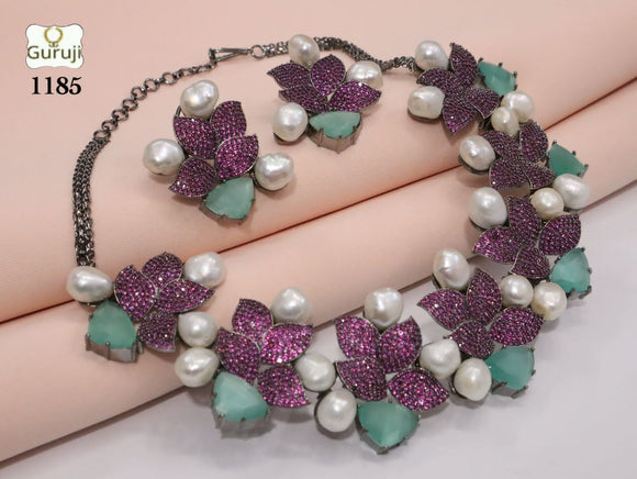 Purple and Agave Green Combination Necklace Set with Baroque pearls-SANDY001BPPAG