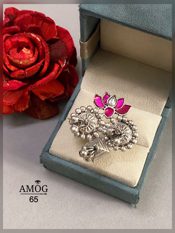 Thamarai , Oxidized Silver finish Finger Ring with Kemp Lotus design  for Women -SANDY001RL