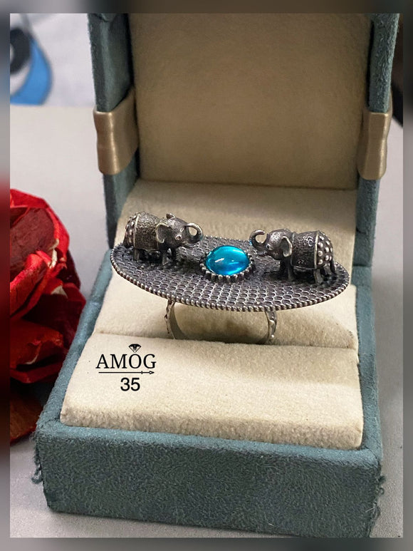 Gajini , Oxidized Silver finish Finger Ring with elephant design  for Women -SANDY001RE