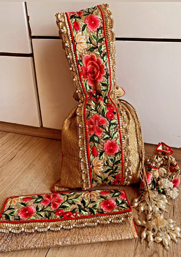Gorgeous set of Potli Bag ,Envelope and matching Ginni  Coin Bag set with embroidered lace and beautiful fabric -SHAR001PEG