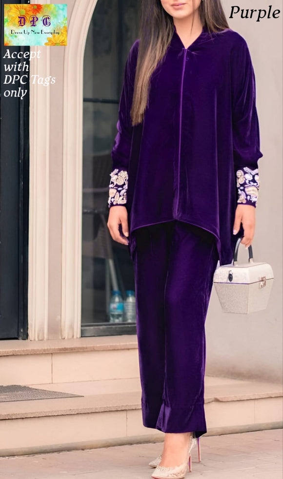 Purple  Winter Cord Set in Velvet  with Zari Embroidery on Sleeves cuff portion and Updown Top pattern paired up with Pant-GARI001CSP