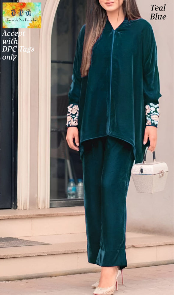 Teal Blue  Winter Cord Set in Velvet  with Zari Embroidery on Sleeves cuff portion and Updown Top pattern paired up with Pant-GARI001CSTBL