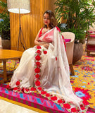 Rose Beauty , Pure White Organza Red flower heavy embroidered  Saree for Women-AMAZE001WOS