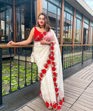 Rose Beauty , Pure White Organza Red flower heavy embroidered  Saree for Women-AMAZE001WOS