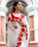 Rose Beauty , Pure White Organza Red flower heavy embroidered  Saree for Women-AMAZE001WOS