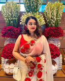 Rose Beauty , Pure White Organza Red flower heavy embroidered  Saree for Women-AMAZE001WOS