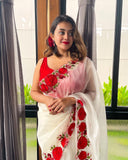 Rose Beauty , Pure White Organza Red flower heavy embroidered  Saree for Women-AMAZE001WOS