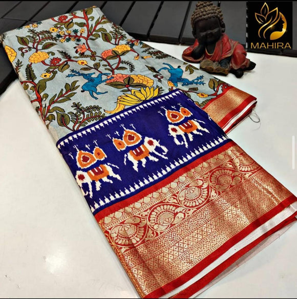 Dola Silk kalamkari Pattu Saree with All over Kalamkari Design  With Contrast Weaving Border-TANI001KS
