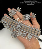 Manohari , elegant German Silver Oxidised Finish Premium Quality American Diamond Choker Set -SAYD001CSAP