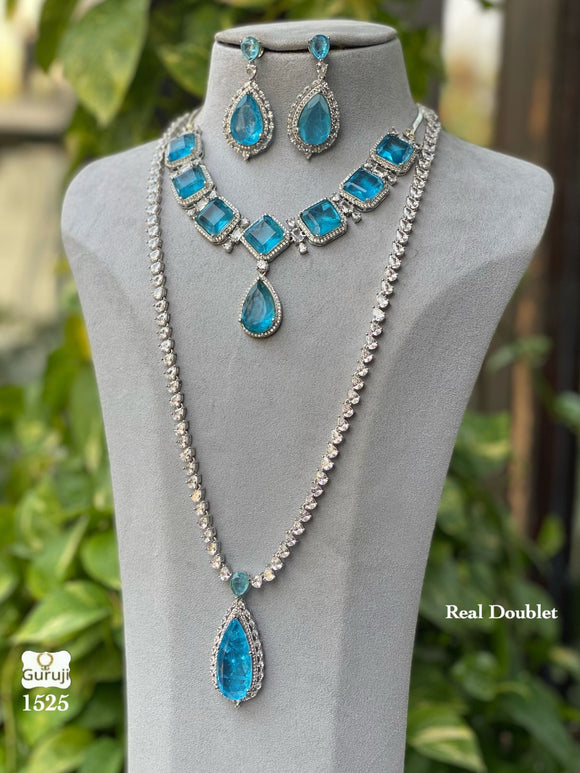 Blue Daisy, Elegant Platinum finish Double Layered Necklace set for women -SANY001DNB