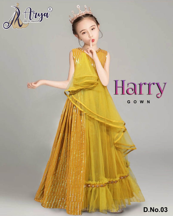 Golden Yellow  shade Harry Party Wear Gown For Kids-ARYA001GY